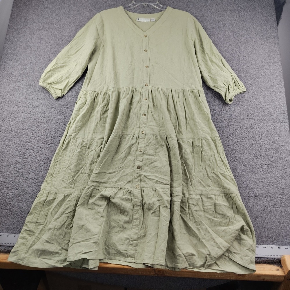 Ella Simone Cotton Dress Sz Small Tiered Button Front Sage Green Peasant EUC